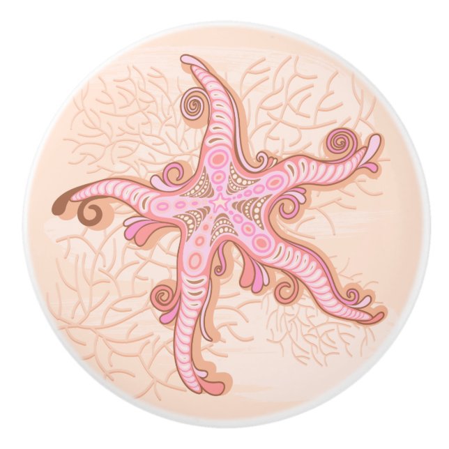 Starfish and Coral Pink Pastel Pattern Ceramic Knob (Front)