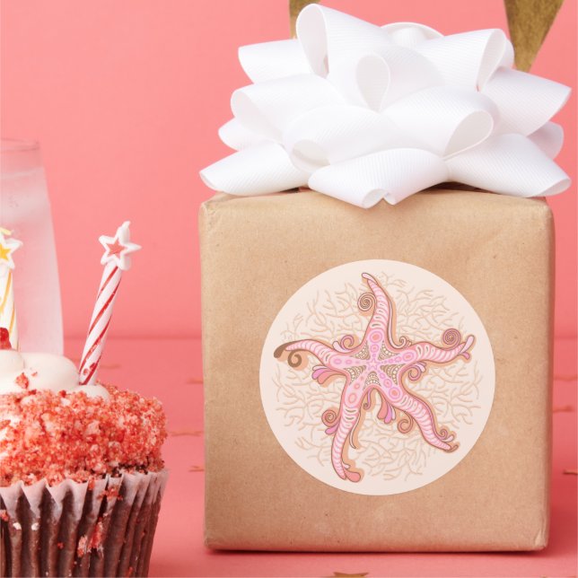 Starfish and Coral Pink Pastel Pattern Classic Round Sticker (Party)
