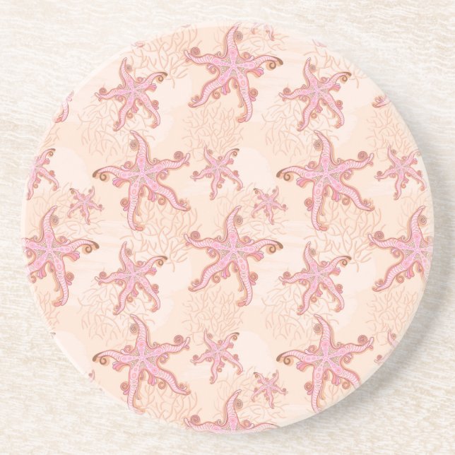 Starfish and Coral Pink Pastel Pattern Coaster (Front)