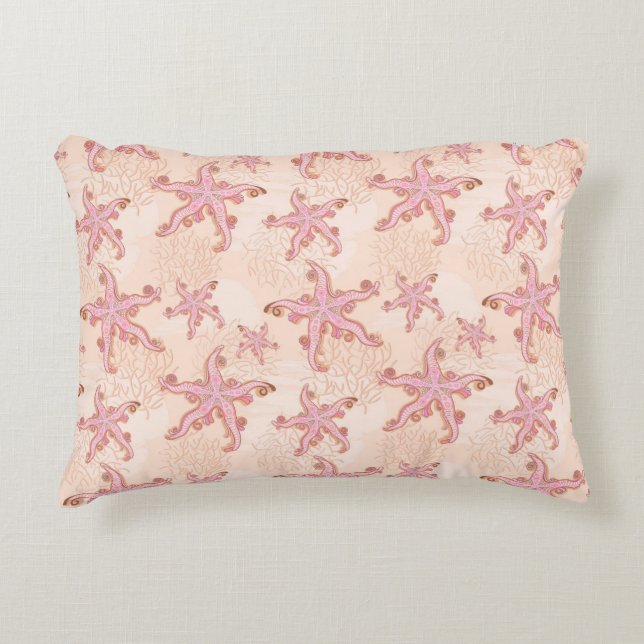 Starfish and Coral Pink Pastel Pattern Decorative Cushion (Front)