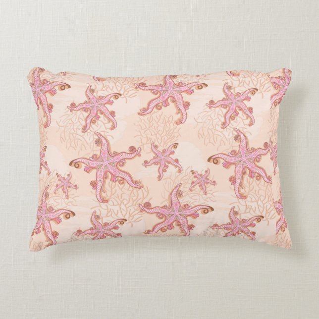 Starfish and Coral Pink Pastel Pattern Decorative Cushion (Front)