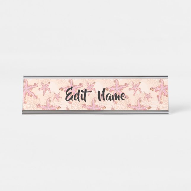 Starfish and Coral Pink Pastel Pattern Desk Name Plate (Front)