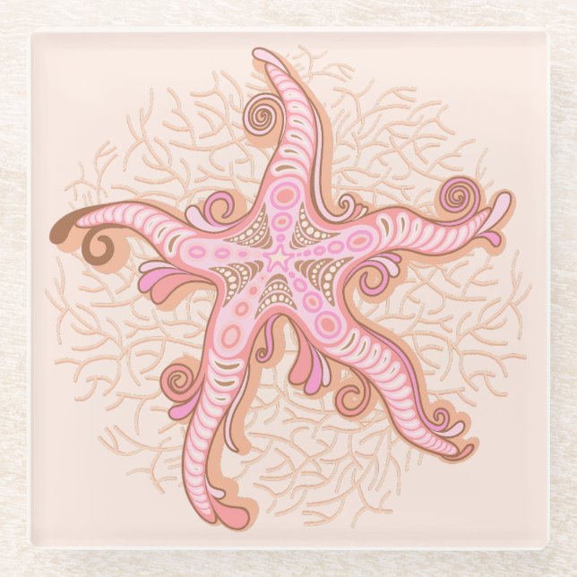 Starfish and Coral Pink Pastel Pattern Glass Coaster (Front)