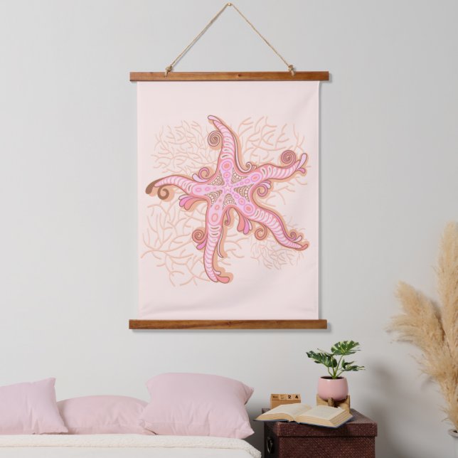 Starfish and Coral Pink Pastel Pattern Hanging Tapestry (Bedroom)