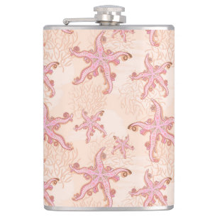 Starfish and Coral Pink Pastel Pattern Hip Flask