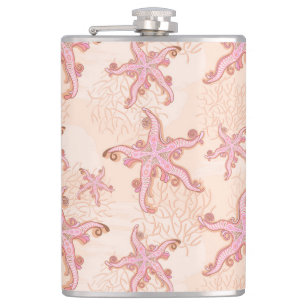 Starfish and Coral Pink Pastel Pattern Hip Flask