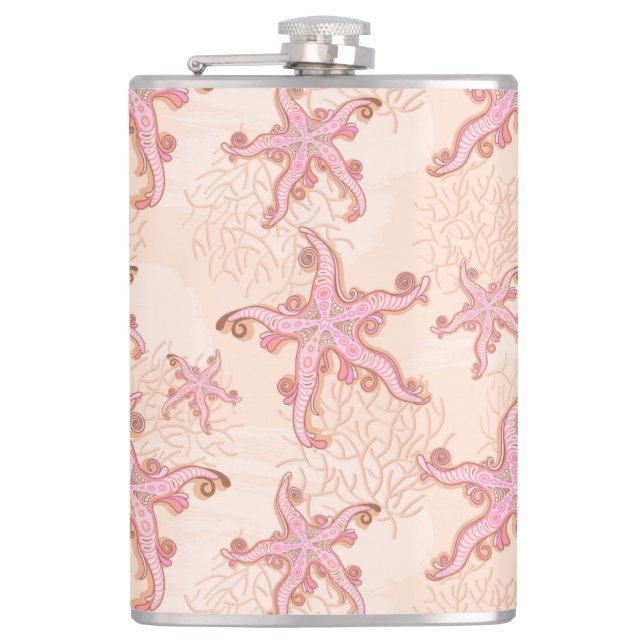 Starfish and Coral Pink Pastel Pattern Hip Flask (Front)