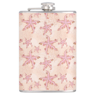 Starfish and Coral Pink Pastel Pattern Hip Flask