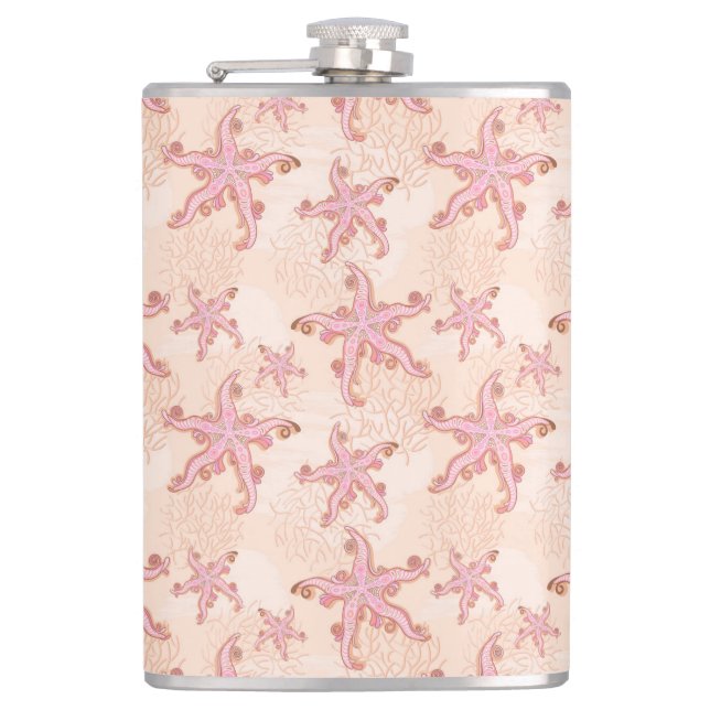 Starfish and Coral Pink Pastel Pattern Hip Flask (Front)