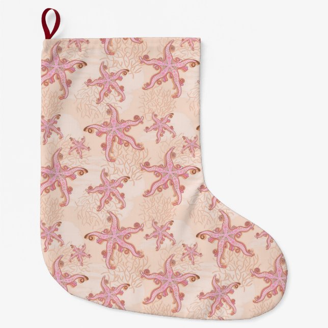 Starfish and Coral Pink Pastel Pattern Large Christmas Stocking (Front)
