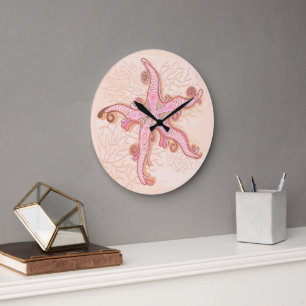 Starfish and Coral Pink Pastel Pattern Large Clock