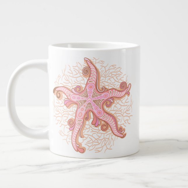 Starfish and Coral Pink Pastel Pattern Large Coffee Mug (Left)
