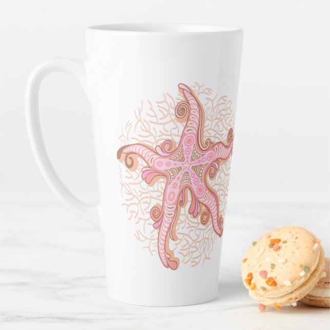 Starfish and Coral Pink Pastel Pattern Latte Mug (In Situ)