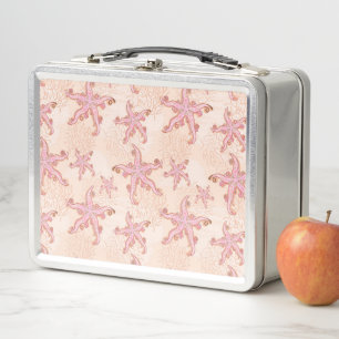 Starfish and Coral Pink Pastel Pattern Metal Lunch Box