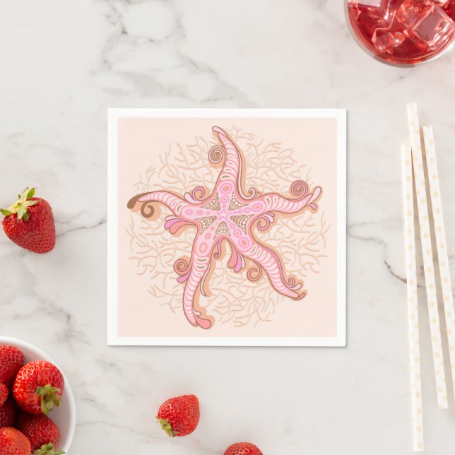 Starfish and Coral Pink Pastel Pattern Napkin (Insitu)