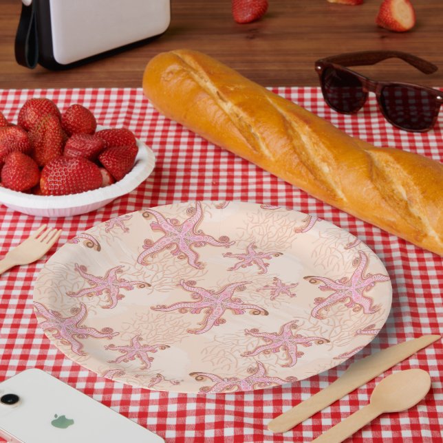 Starfish and Coral Pink Pastel Pattern Paper Plate (Picnic)