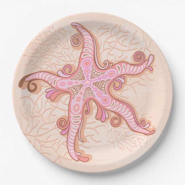 Starfish and Coral Pink Pastel Pattern Paper Plate (Front)