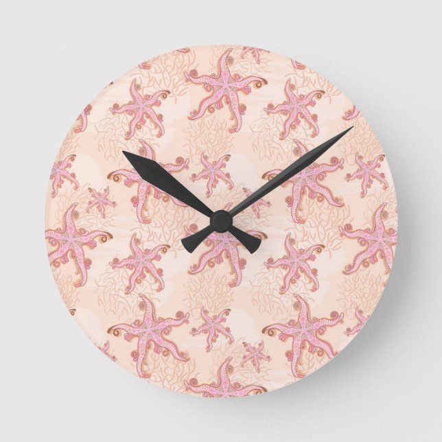 Starfish and Coral Pink Pastel Pattern Round Clock (Front)