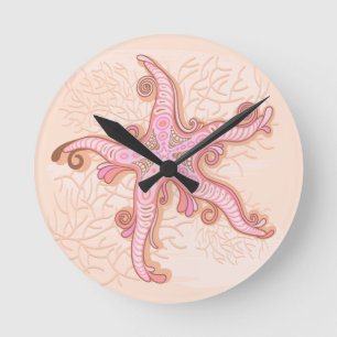 Starfish and Coral Pink Pastel Pattern Round Clock