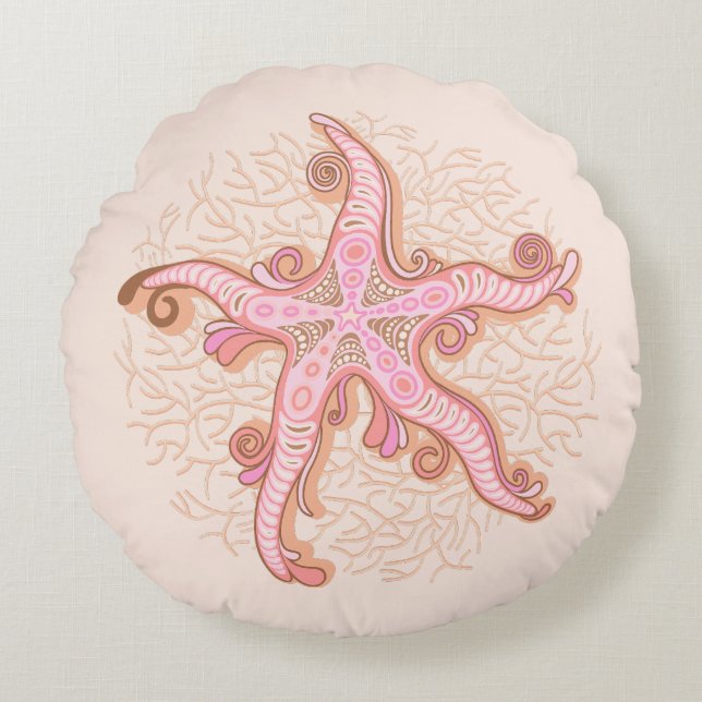 Starfish and Coral Pink Pastel Pattern Round Cushion (Front)