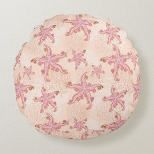 Starfish and Coral Pink Pastel Pattern Round Cushion