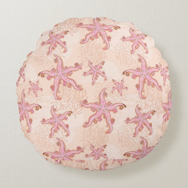 Starfish and Coral Pink Pastel Pattern Round Cushion (Front)