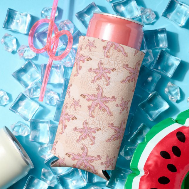 Starfish and Coral Pink Pastel Pattern Seltzer Can Cooler (In Situ Summer)