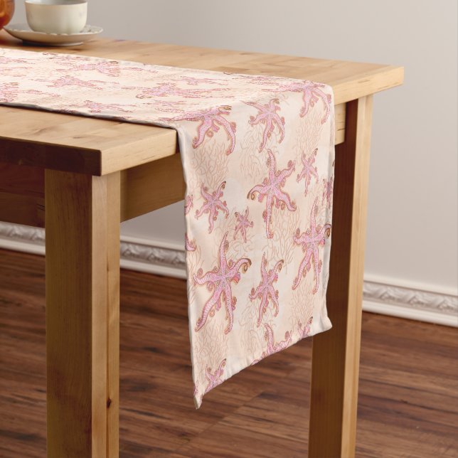 Starfish and Coral Pink Pastel Pattern Short Table Runner (In Situ)
