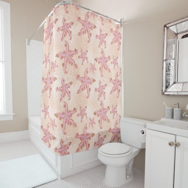 Starfish and Coral Pink Pastel Pattern Shower Curtain (In Situ)