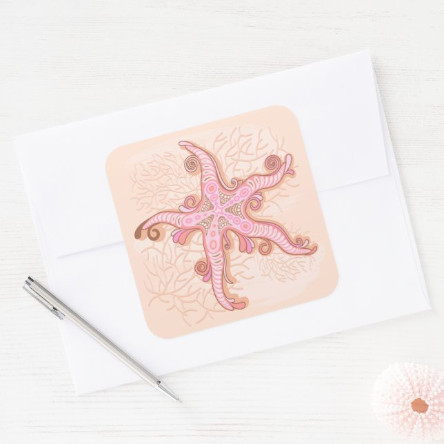 Starfish and Coral Pink Pastel Pattern Square Sticker (Envelope)