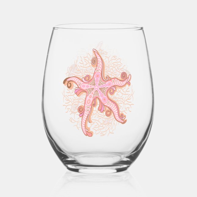 Starfish and Coral Pink Pastel Pattern Stemless Wine Glass (Front)