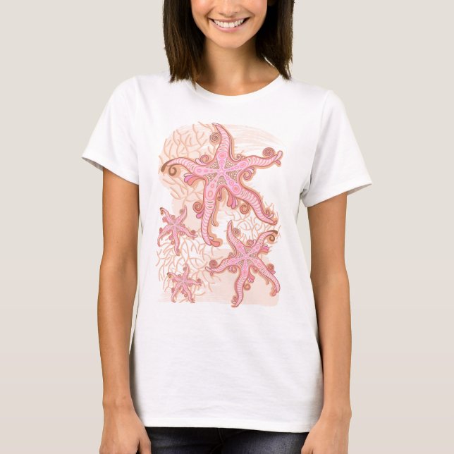 Starfish and Coral Pink Pastel Pattern T-Shirt (Front)