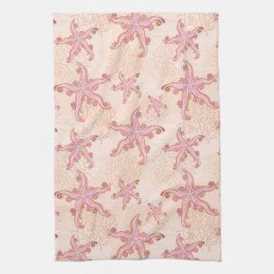 Starfish and Coral Pink Pastel Pattern Tea Towel
