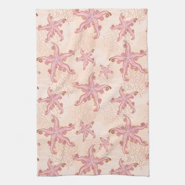 Starfish and Coral Pink Pastel Pattern Tea Towel (Vertical)