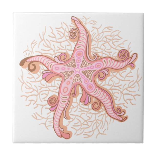 Starfish and Coral Pink Pastel Pattern Tile (Front)