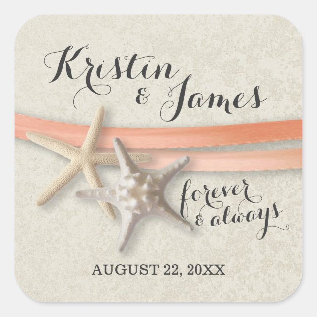 Starfish and Coral Ribbon Beach Wedding Square Sticker (Front)