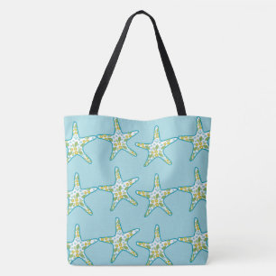 Starfish and floral pattern aqua summer beach tote bag
