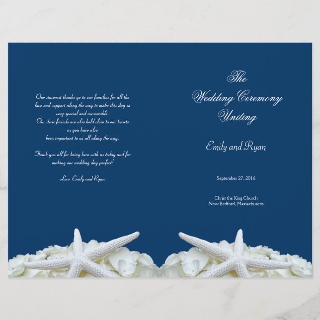 Starfish and Flowers Navy Wedding Program Template (Front)