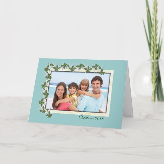 Starfish and Holly Tropical Photo Christmas Card (Front)