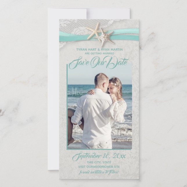Starfish and Lace Aqua Grey Save the Date (Front)