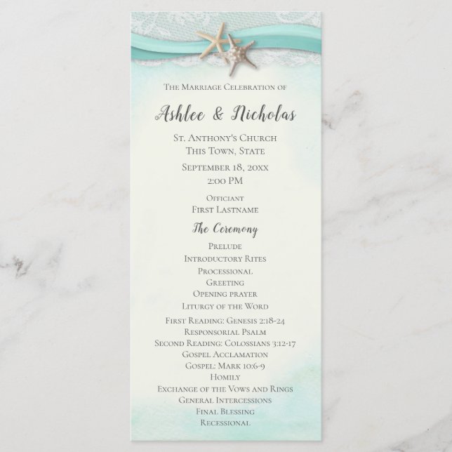 Starfish and Lace Aqua Wedding Program Programme (Front)