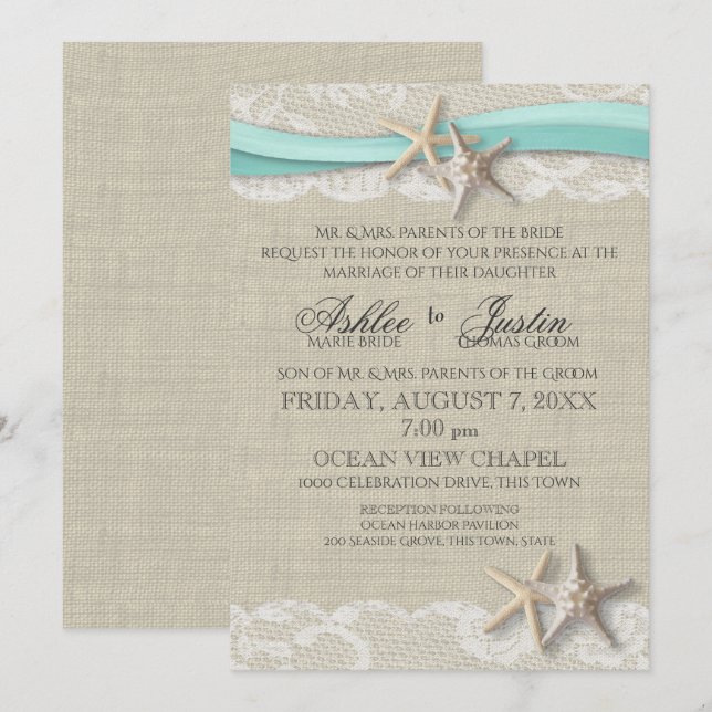 Starfish and Lace Rustic Beach Aqua Wedding Invitation (Front/Back)