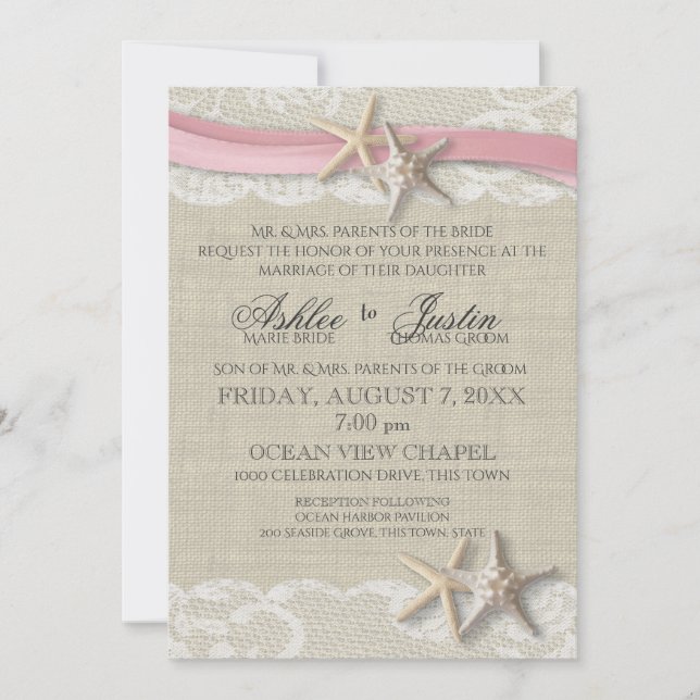Starfish and Lace Rustic Beach Pink Wedding Invitation (Front)