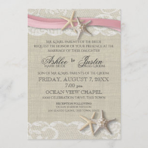 Starfish and Lace Rustic Beach Pink Wedding Invitation