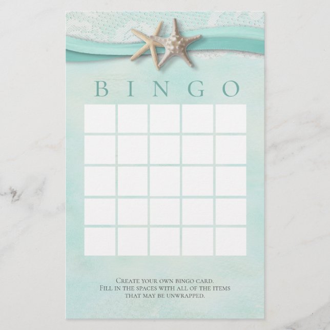 Starfish and Lace Shower Bingo (Front)