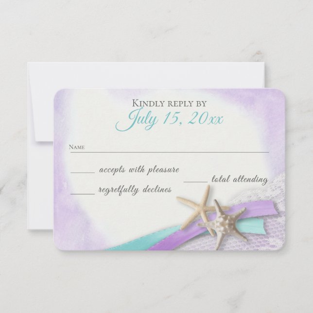 Starfish and Lace Vintage Beach Purple RSVP Card (Front)