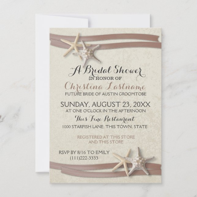 Starfish and Mocha Ribbon Bridal Shower Invitation (Front)