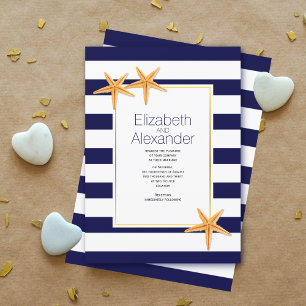 Starfish and navy blue white stripes beach wedding invitation