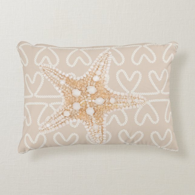 Starfish and net on beige pastel light brown decorative cushion (Front)