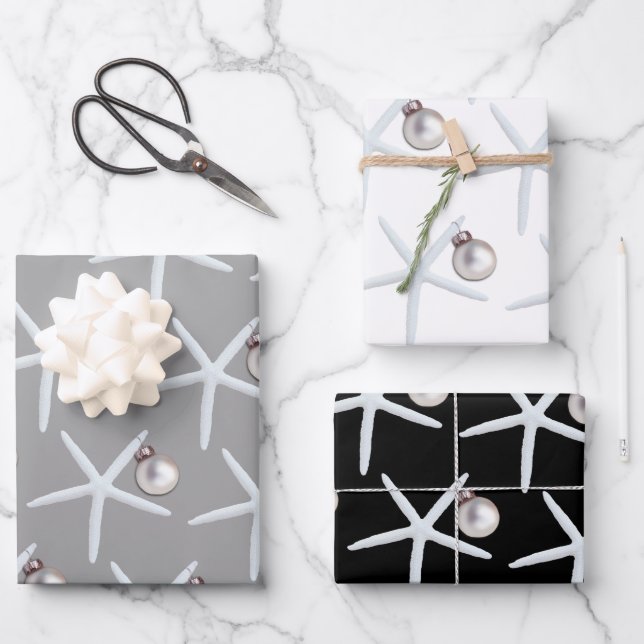 Starfish and Ornament Beach Christmas Wrapping Paper Sheet (Front)
